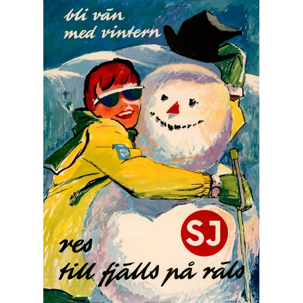 Bli vän med vintern Snögubbe 1955, affisch 21x30cm